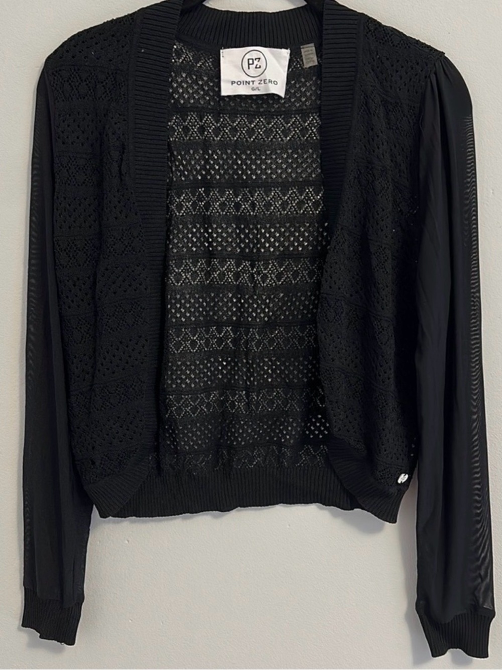 Point Zero Black Openwork Knit Cardigan with Sheer Sleeves